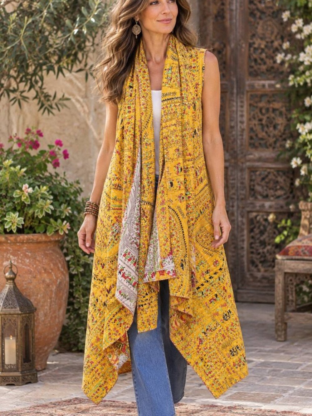 Women Handmade Yellow Elephant, People Kantha Vest & Reversible Scarf One Size